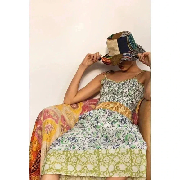 ALIX OF BOHEMIA, NWT Luna Jardin Dress Sz L, Blue White Smocked Handprinted Midi - Picture 5 of 14